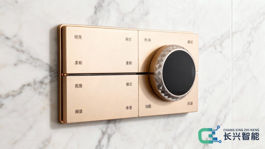 长兴KNX-A9香槟色开关面板安装在大理石墙面上的特写镜头